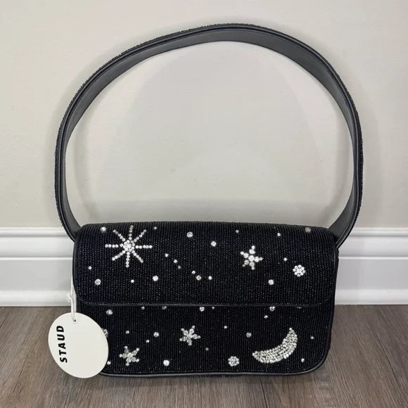 STAUD Tommy Beaded Black Starry Night Shoulder Bag Purse - Picture 1 of 16
